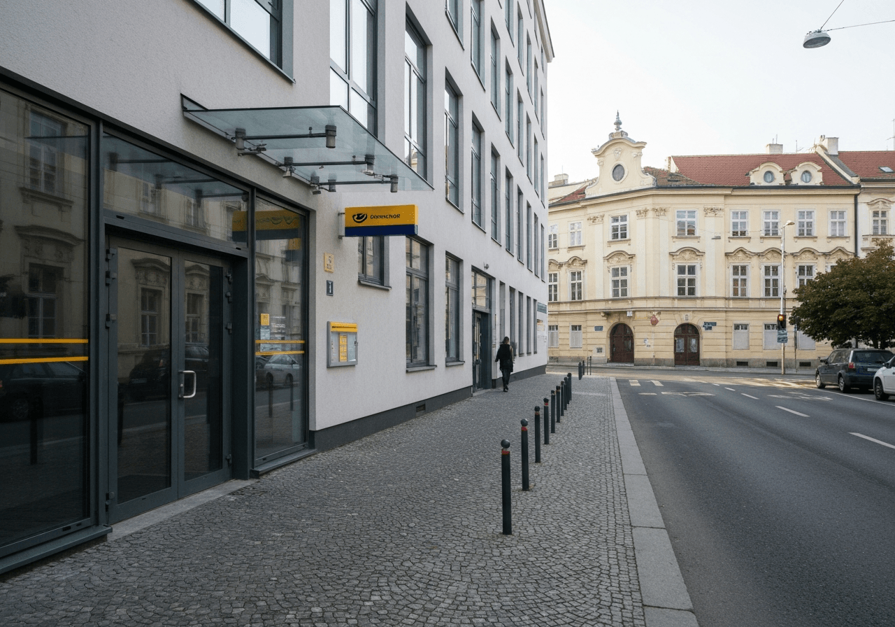 A clean, modern street view of a postal service building entrance on a quiet street in Prague, editorial photography, soft natural light, 85mm lens, highly detailed, no text, no letters