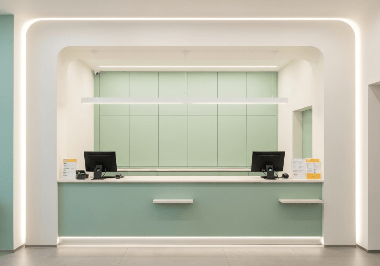 A professional, modern post office branch interior on Vinohrady, clean minimalist counter design, soft natural lighting, editorial photography style, 85mm lens, high resolution, professional atmosphere, no text, no words, no letters