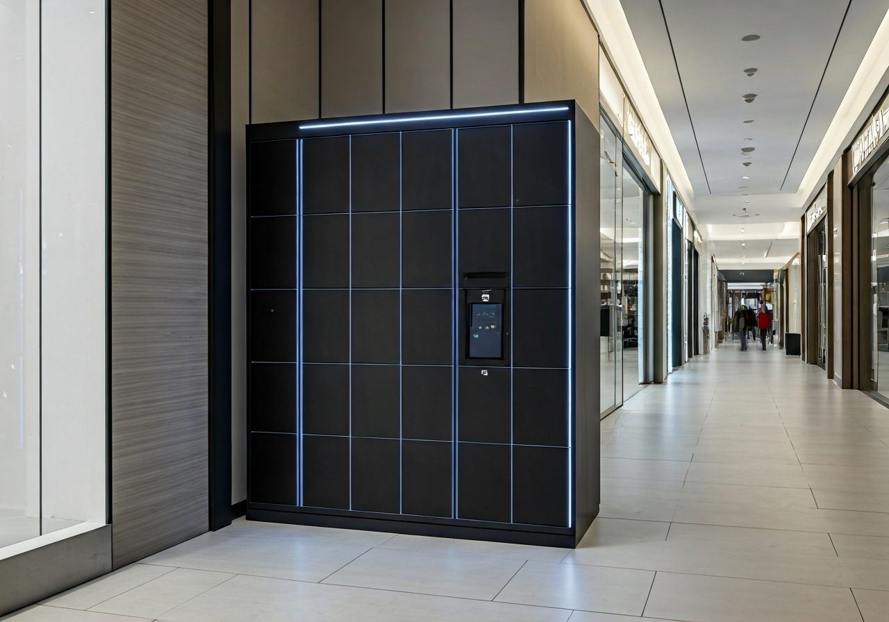 A sleek, modern automated locker unit in a shopping mall hallway, soft ambient lighting, minimalist design, high-end commercial interior, 85mm lens, depth of field, no text, no words