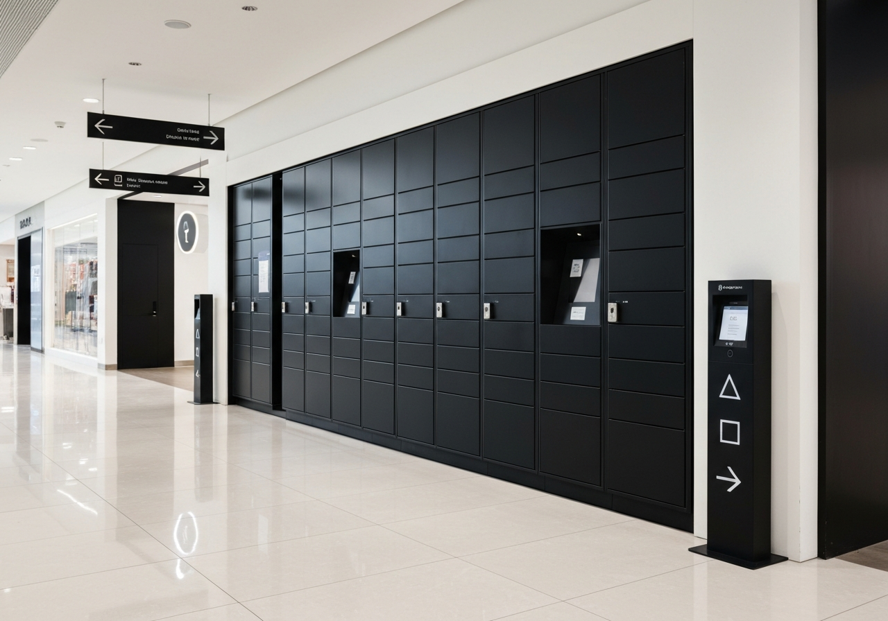 A modern, minimalist digital locker station located in a bright, clean shopping center hallway, directional signage visible, high-end interior design, editorial photography, soft ambient lighting, 85mm lens, no text, no words, no letters