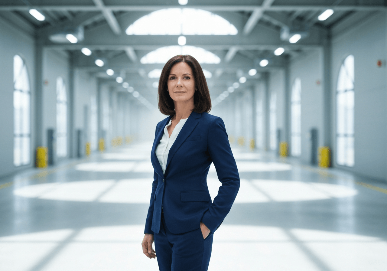 A professional warehouse logistics environment with a sleek, futuristic aesthetic, a modern woman business leader standing in a bright, clean distribution hub, soft natural light, 85mm lens, depth of field, premium editorial style, no text, no words, no letters