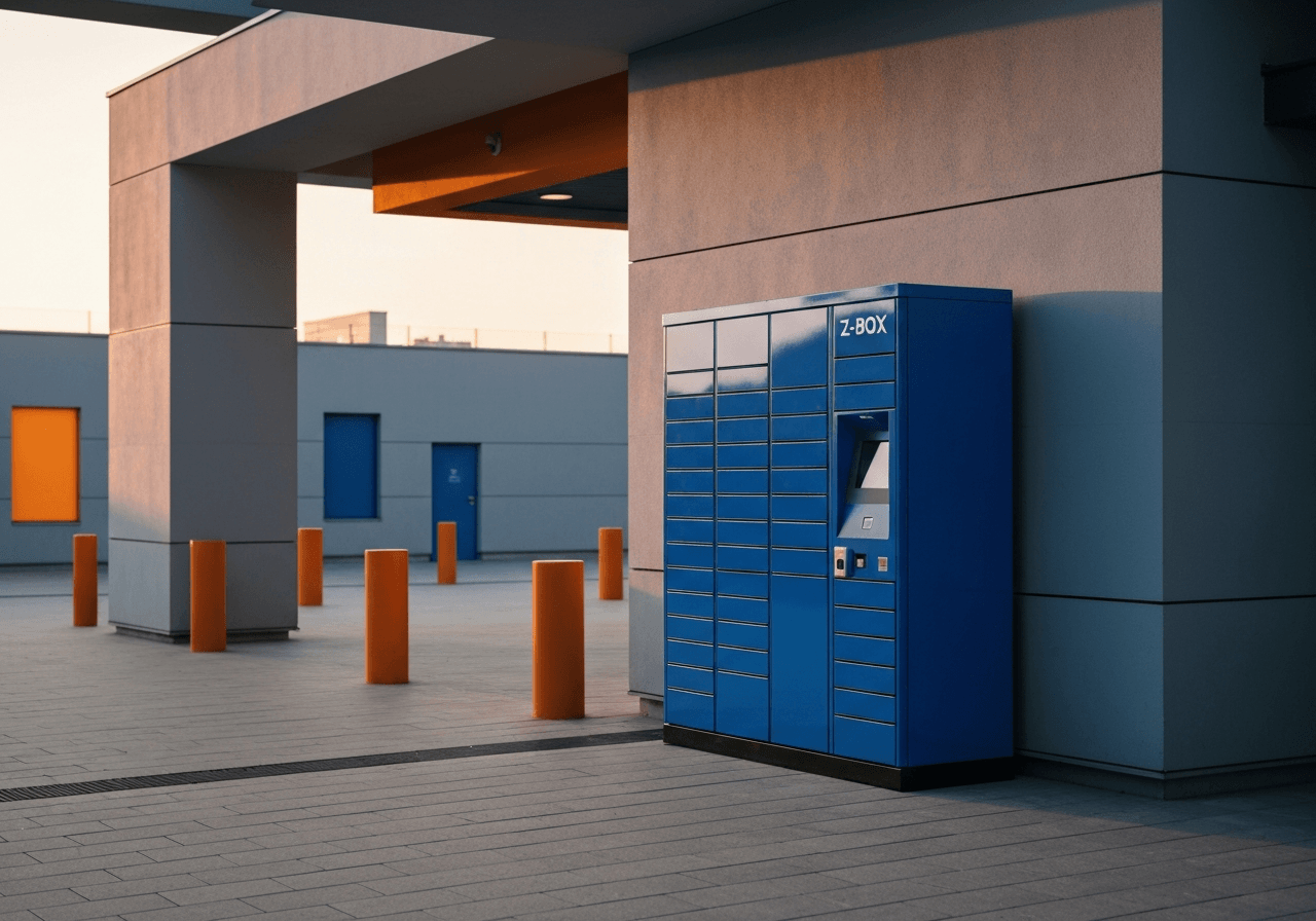 A sleek, modern automated parcel locker (Z-BOX) standing in a clean, minimalist urban environment during golden hour, cinematic lighting, editorial photography, 85mm lens, high resolution, sharp focus, no text, no words, no letters
