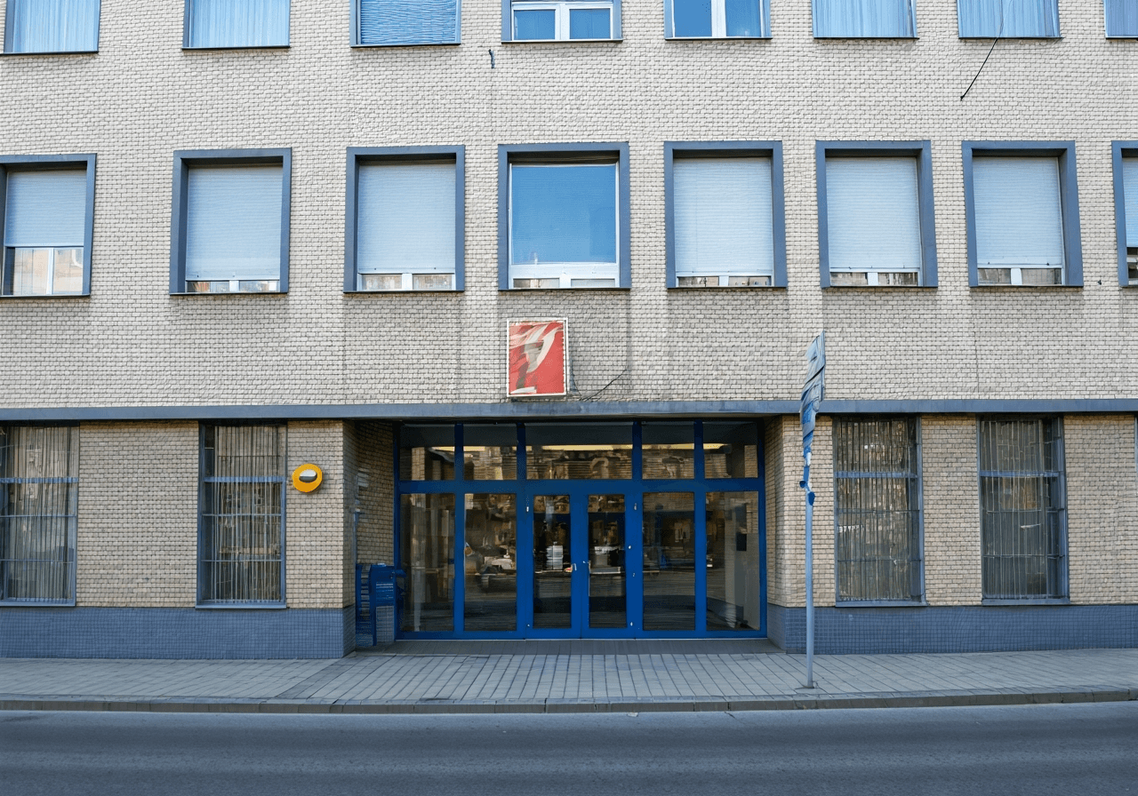 Exterior view of a functional post office building in Decin IV Podmokly, urban street setting, daylight, professional architecture photography, 85mm lens, high quality, no text, no words, no letters