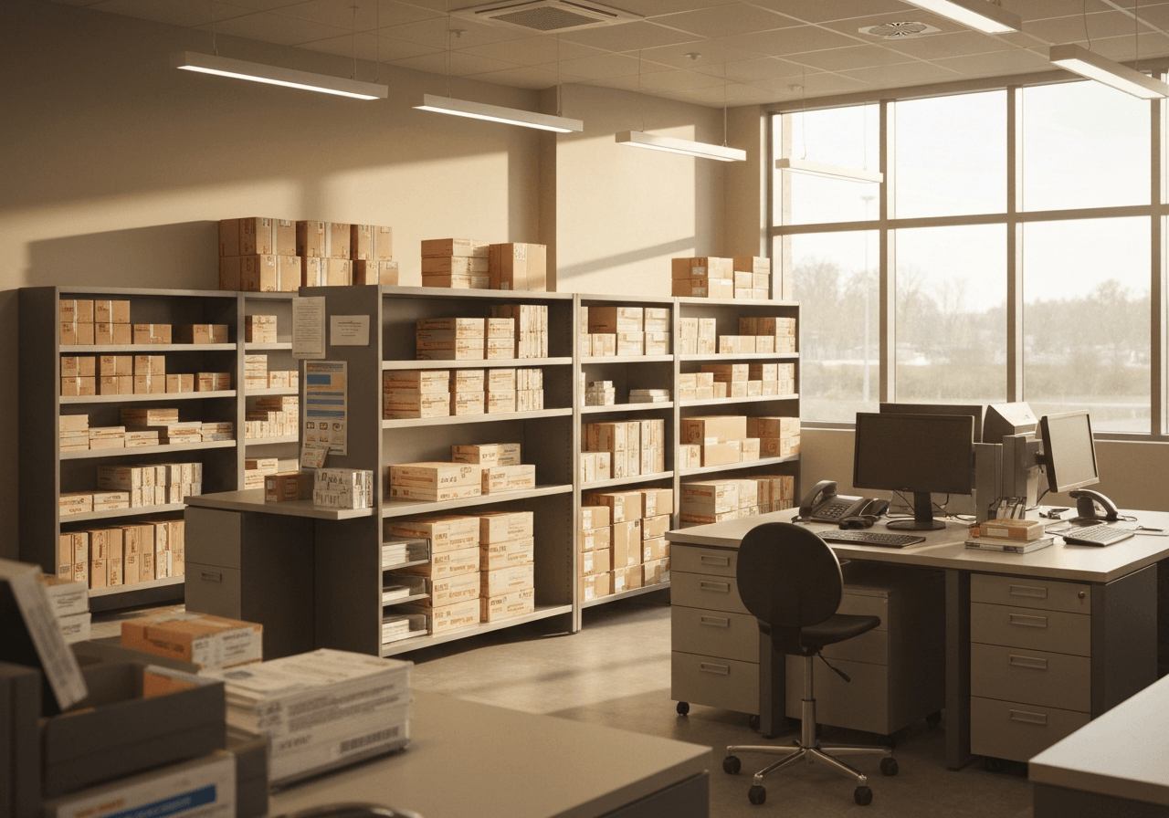 A professional postal service interior with a modern, clean, and organized aesthetic, parcels stacked neatly on shelves, soft natural light streaming through a window, 85mm lens, editorial style, high resolution, no text, no words, no letters.