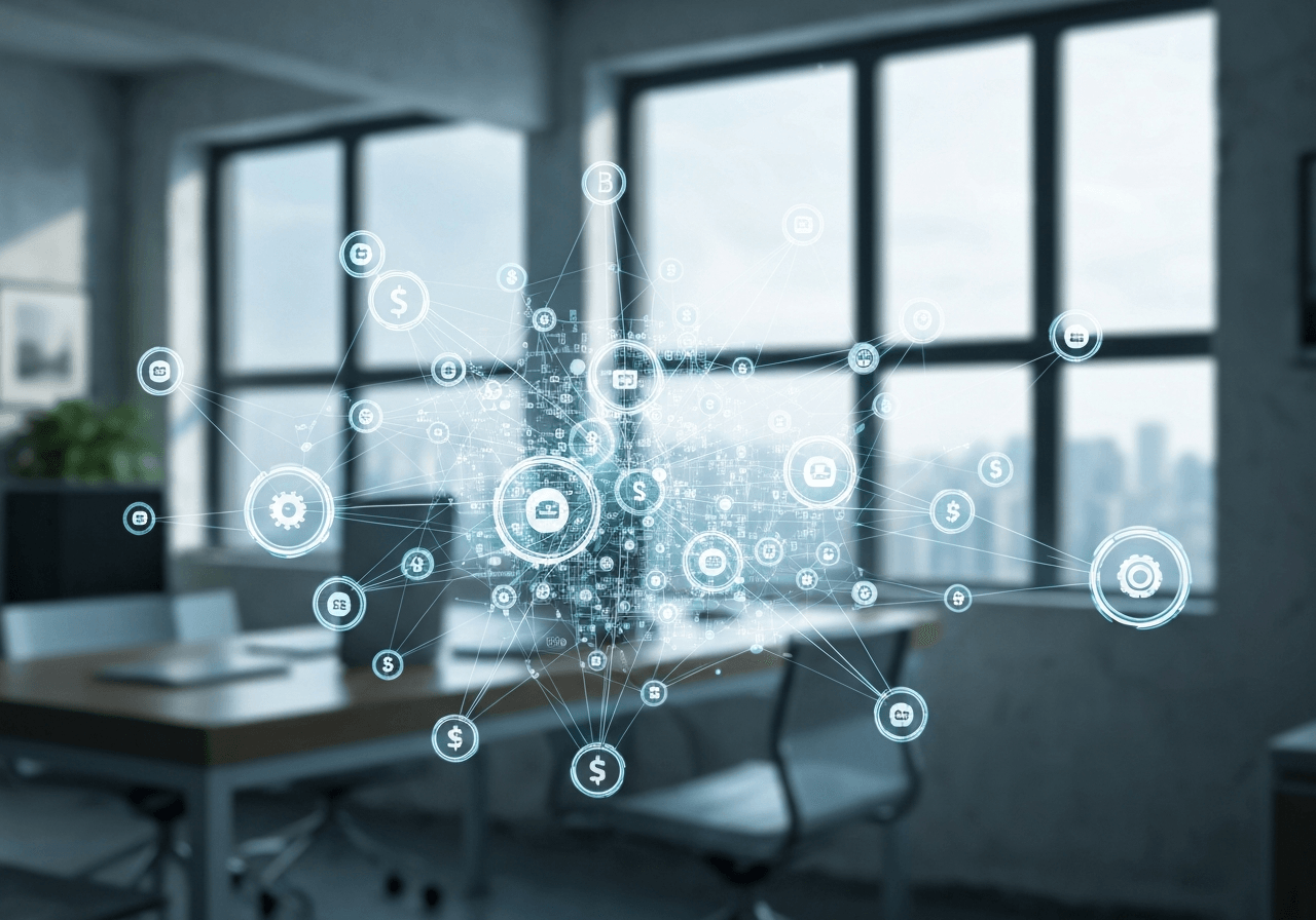 A professional stylized illustration of a complex digital financial ecosystem represented by interconnected glowing lines and floating payment icons, modern clean office environment, premium editorial style, soft natural light, 85mm lens, highly detailed, no text, no letters