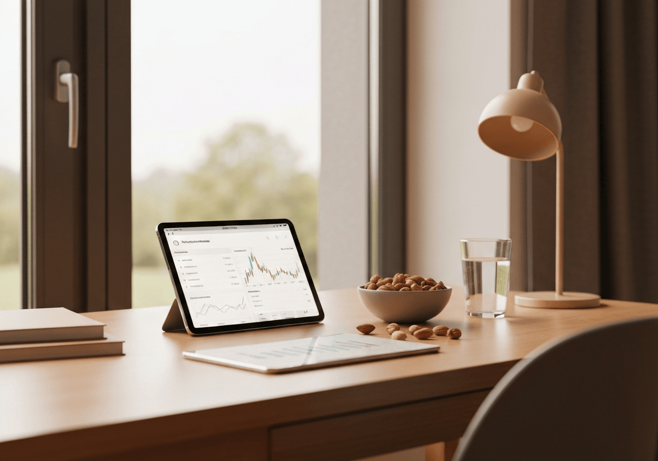 A clean, modern minimalist home office desk with a tablet displaying a financial dashboard, surrounded by a bowl of fresh nuts and a glass of water, soft natural daylight, 85mm lens, high resolution, editorial aesthetic, no text, no words, no letters