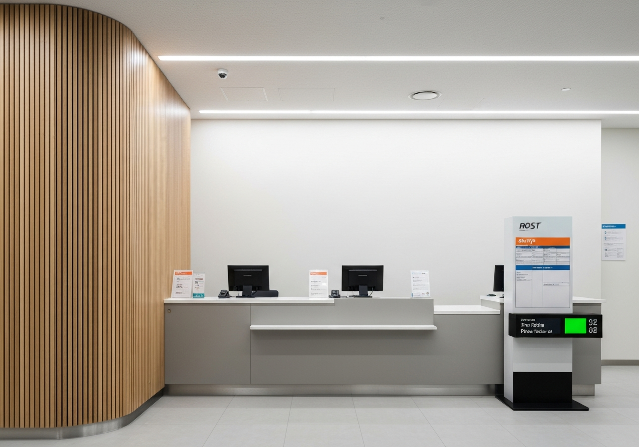Modern post office interior, blurred customer service counter with digital queue display, clean minimalist aesthetic, soft natural light, 85mm lens, editorial photography, no text, no words, no letters