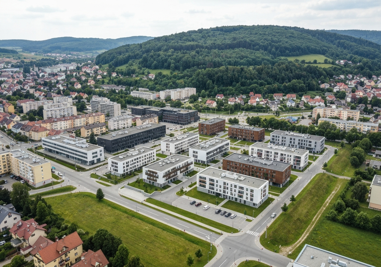 Aerial view of a modern Czech town infrastructure with lush green hills in the background, soft natural sunlight, clean editorial photography style, 85mm lens, highly detailed, no text, no letters