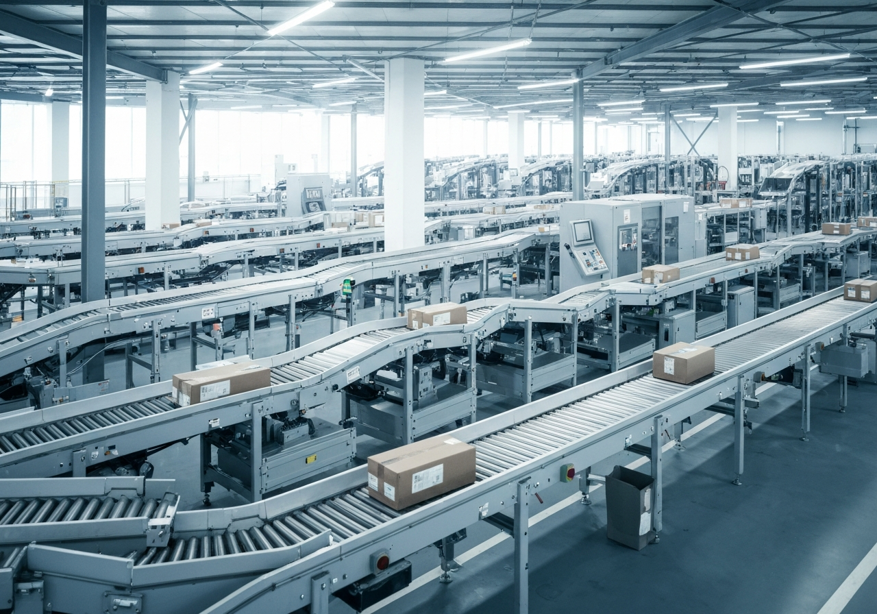 A professional logistics sorting facility with automated conveyor belts, modern industrial environment, clean aesthetic, soft natural light, 85mm lens, highly detailed, no text, no letters