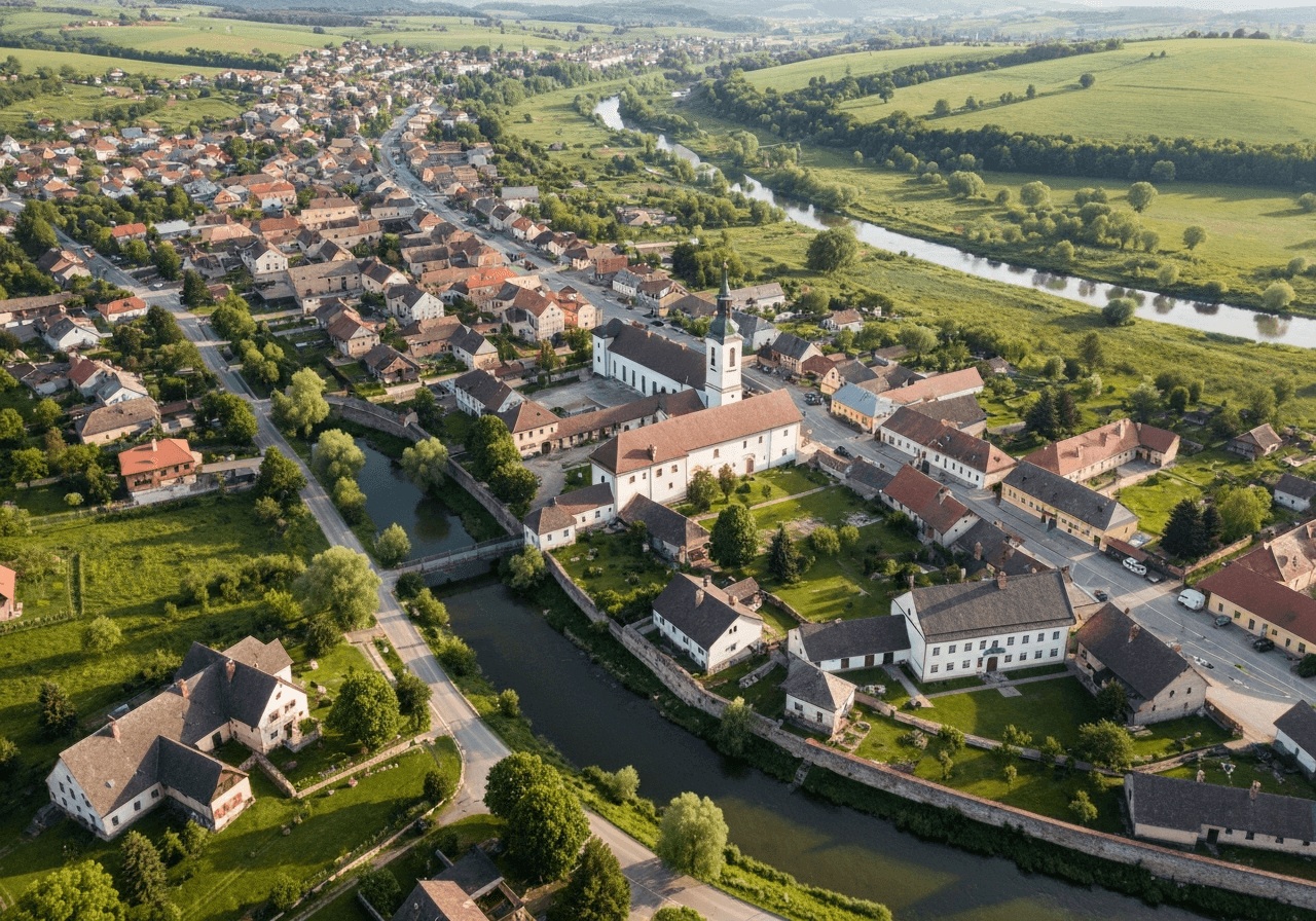 Aerial view of the historical town of Kráľovský Chlmec, surrounding lush green landscape of southeastern Slovakia, clean modern aesthetic, editorial photography, soft natural light, 85mm lens, high resolution, no text, no words, no letters.