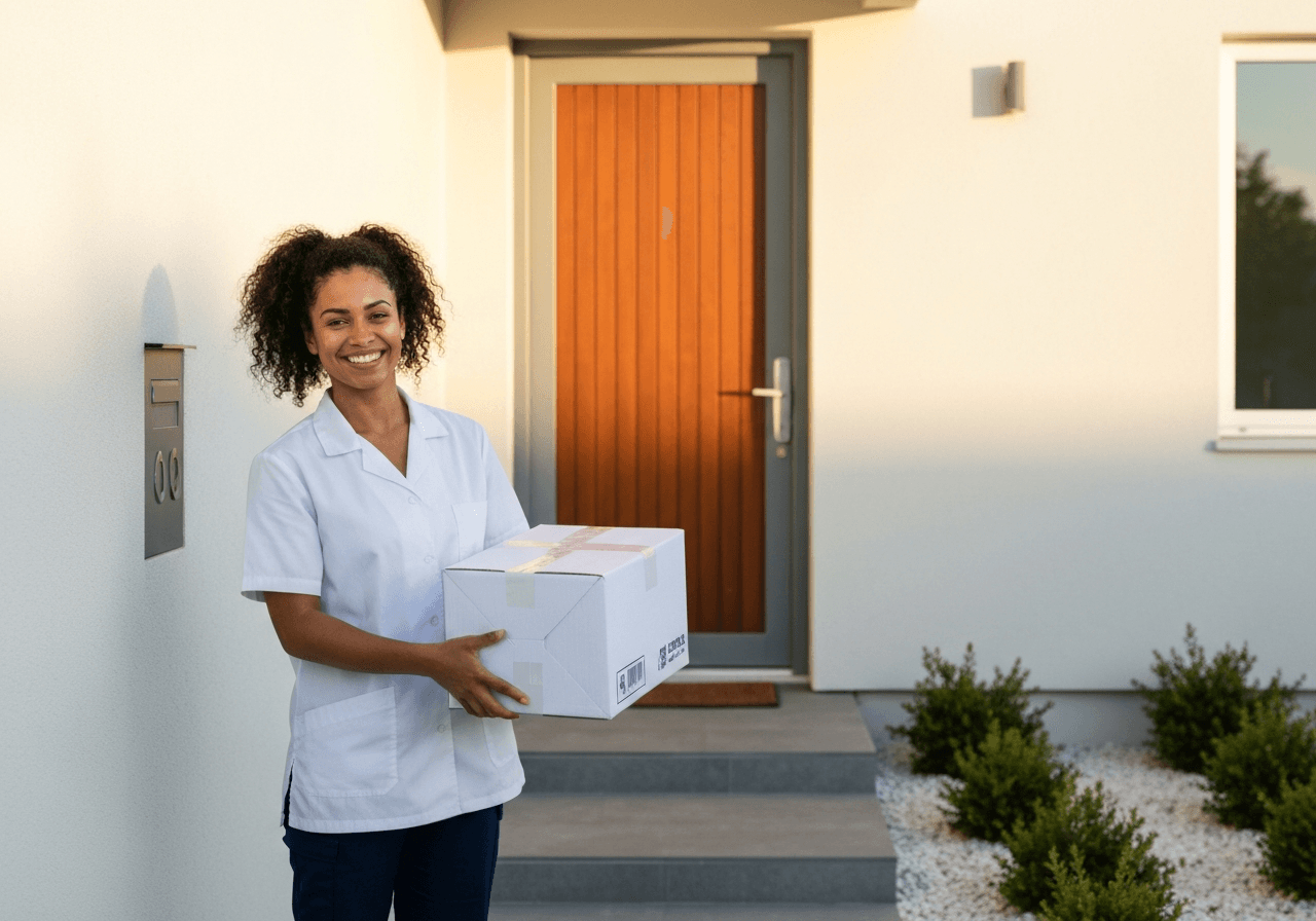 A professional medical courier delivering a package to a clean, modern home entrance, sunlight, editorial photography, 85mm lens, high detail, no text, no letters