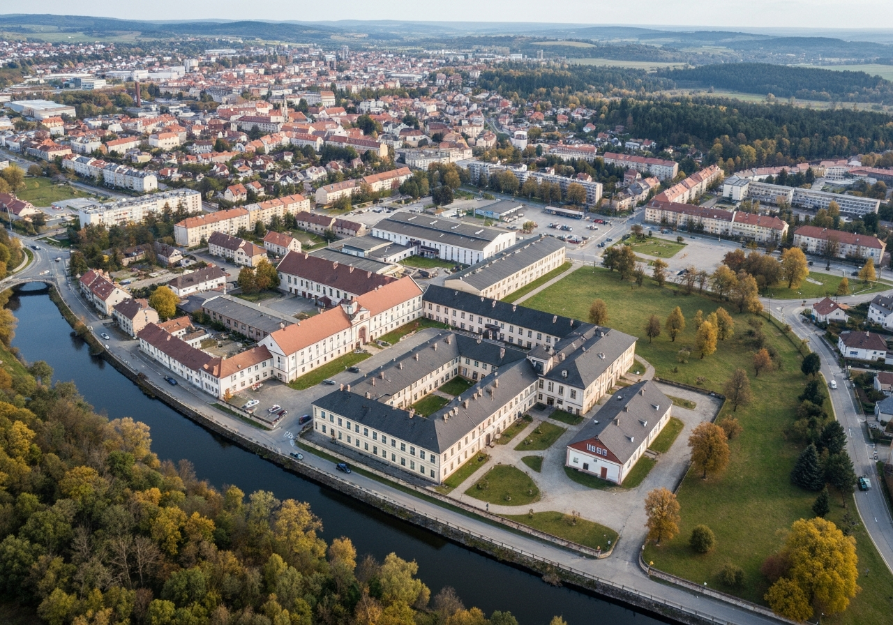 Aerial view of the historic town of Hlucin in the Czech Republic, landscape architecture, modern high-end editorial photography, soft natural light, 85mm lens, crisp details, no text, no words, no letters
