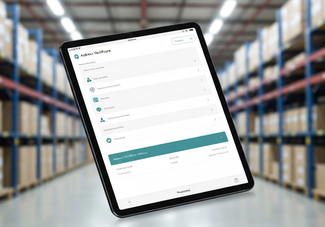 A clean, minimalist interface of an address verification software on a tablet screen, soft bokeh background of a high-tech logistics center, editorial photography, 85mm lens, high quality, no text, no words, no letters.