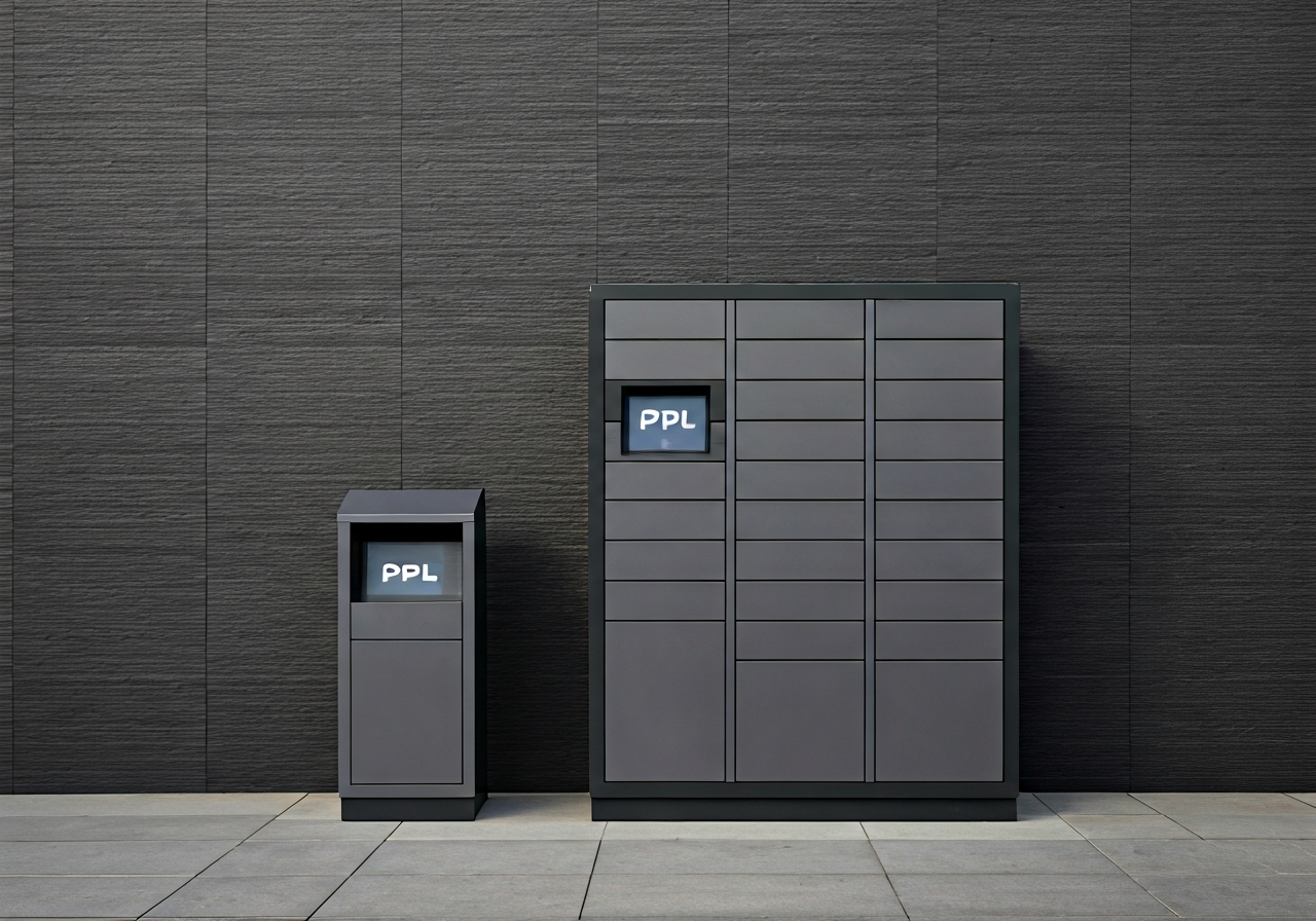 A modern, sleek PPL parcel locker station located on a clean city street, minimalist design, editorial photography, soft natural daylight, 85mm lens, high quality, no text, no words, no letters