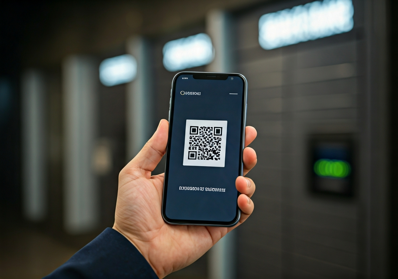 A close-up shot of a modern smartphone held in a hand, displaying a sleek parcel delivery application interface with a QR code, blurred background of a modern automated parcel locker, editorial photography, soft natural light, 85mm lens, high focus on screen, no text, no letters