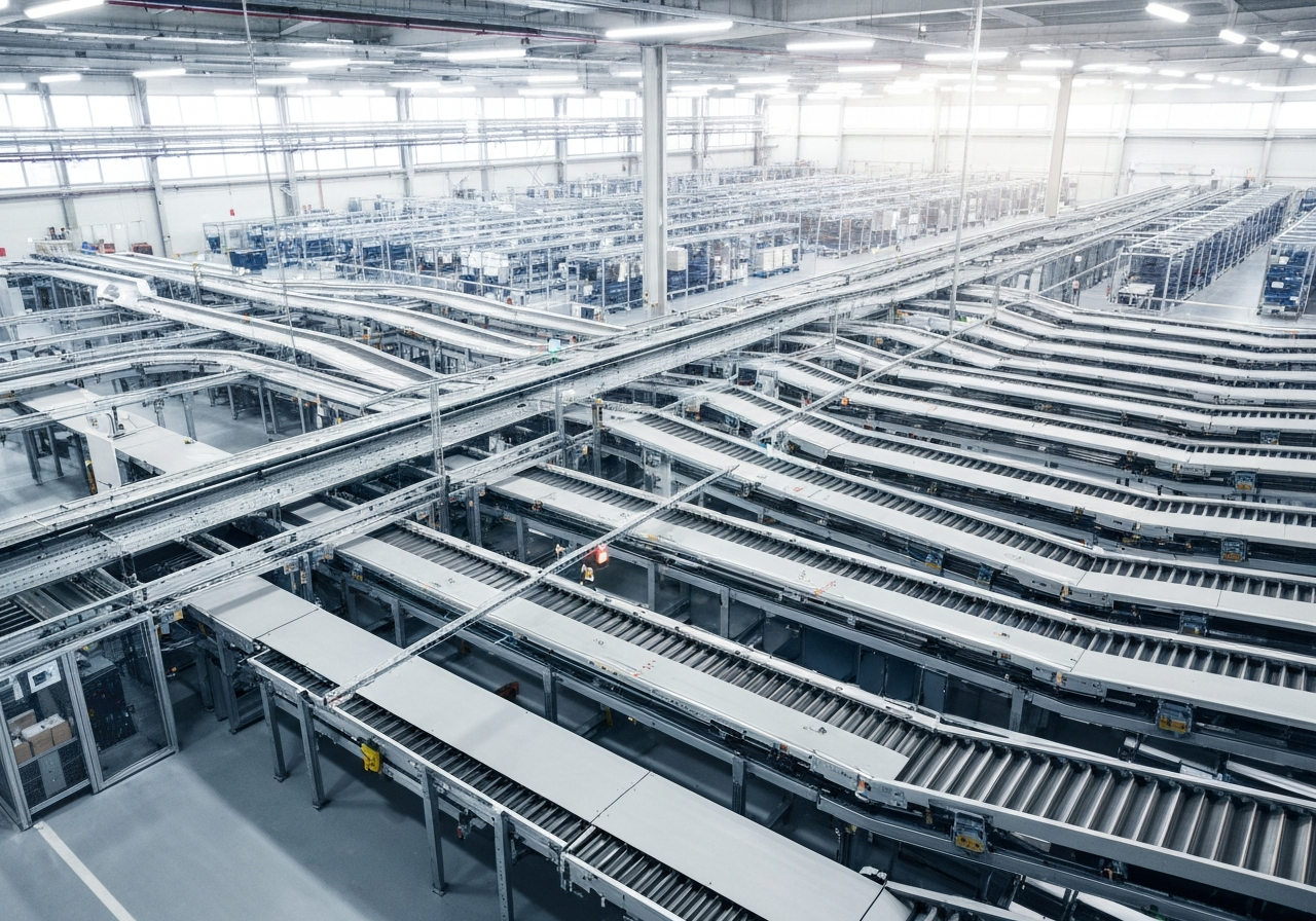 Aerial view of a modern automated logistics warehouse in Ostrava, high-tech sorting belts, glowing digital interface overlays, professional editorial photography, clean industrial aesthetic, soft natural light, 85mm lens, no text, no words, no letters