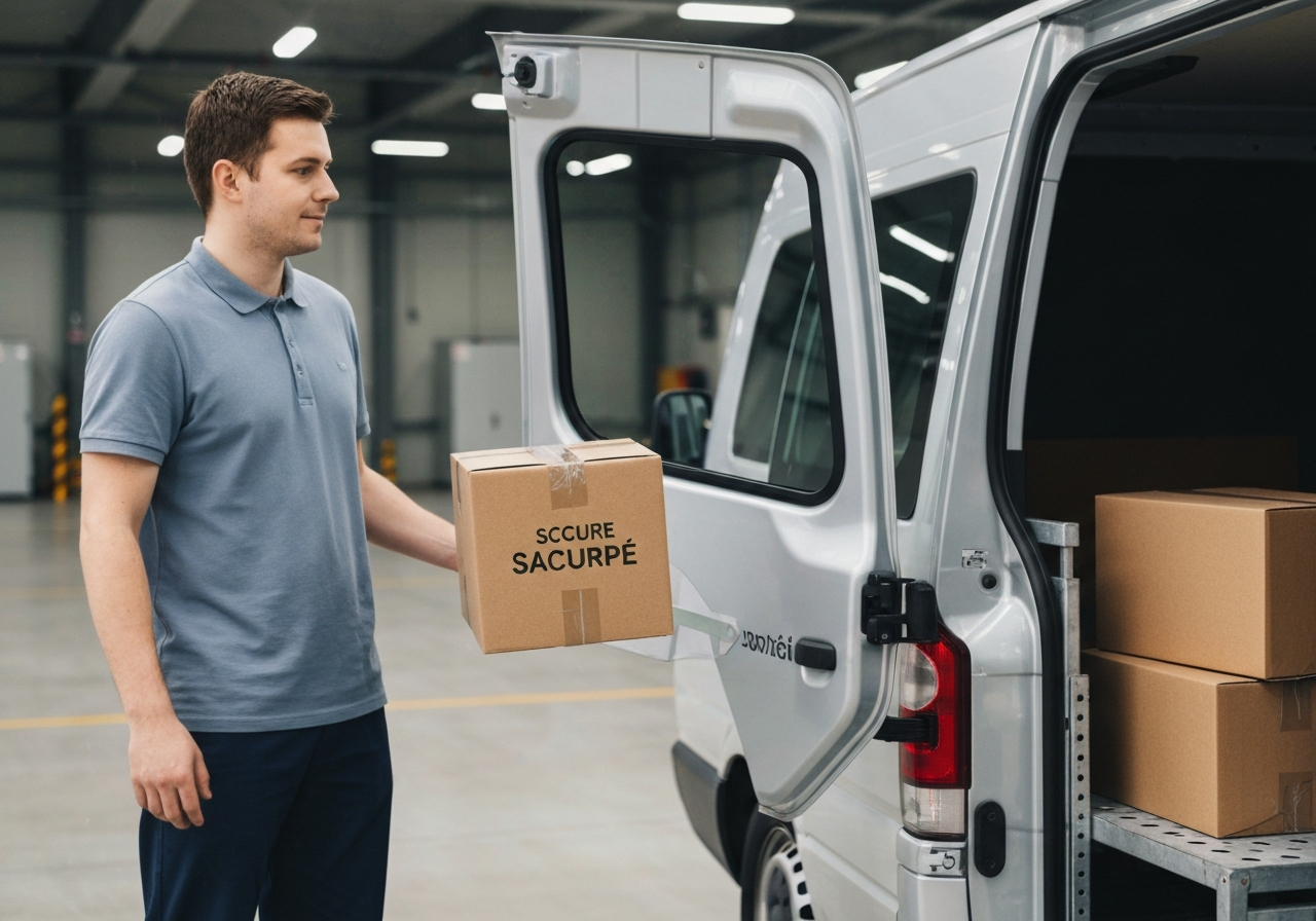 Professional logistics scene in Ostrava, a secure parcel being placed into a modern courier van, high-tech distribution center background, soft natural lighting, editorial photography style, sharp focus, 85mm lens, no text, no words, no letters