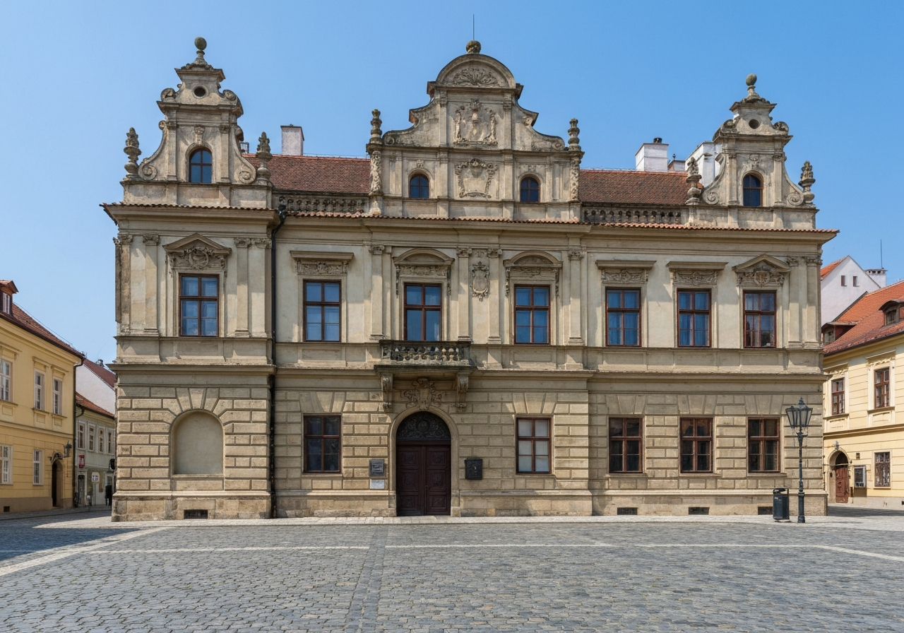 Exterior view of a historic building housing a public office in Litomyšl, cobblestone square setting, bright daylight, editorial architectural photography, 85mm lens, high quality, no text, no letters