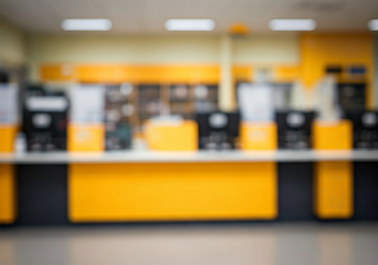 A busy, clean, and modern post office interior in a Czech town, blurred background with a professional counter desk, bright soft natural lighting, editorial photography style, 85mm lens, high quality, no text, no words, no letters