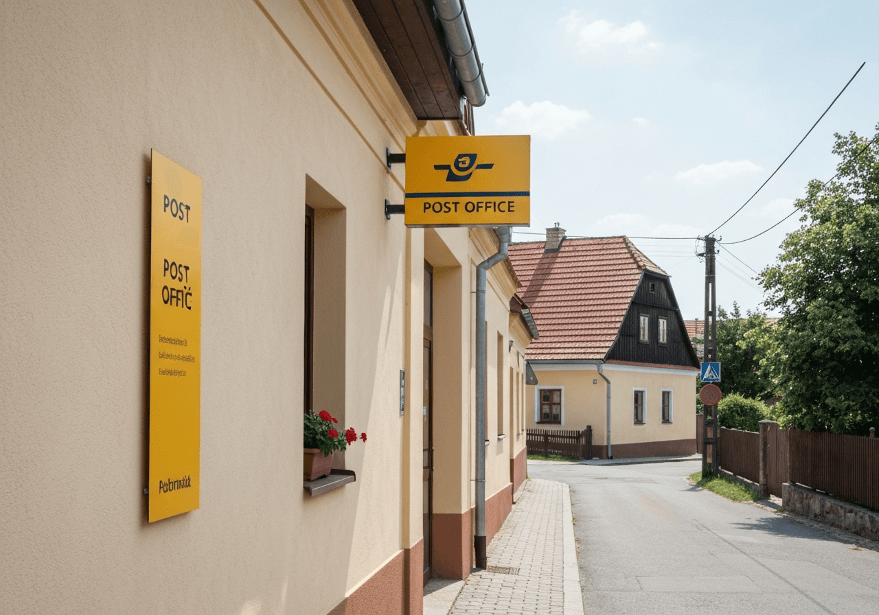 A professional, modern post office storefront sign with a clean architectural design, bright daylight, Czech rural village setting, editorial photography, 85mm lens, high quality, no text, no letters.