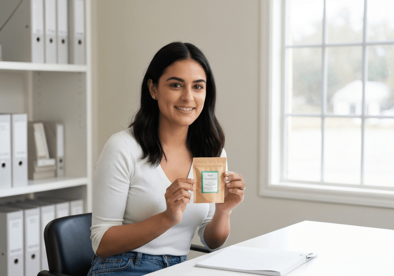 Editorial photography, a professional person holding a small parcel containing vitamins in a clean, bright home office environment, soft natural light, 85mm lens, highly detailed, no text, no letters