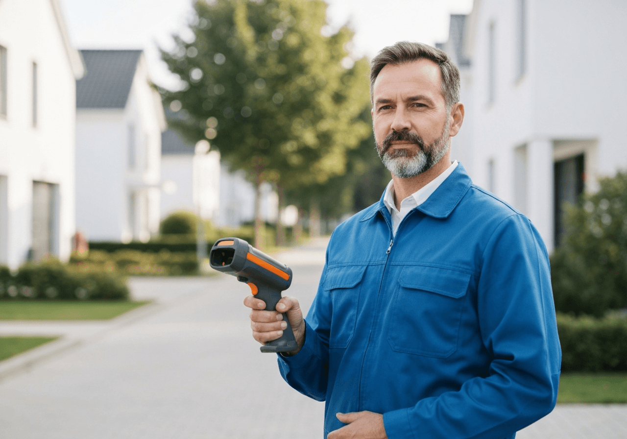 A professional parcel delivery service provider holding a logistics scanner in a clean, modern suburban residential area, editorial photography, soft natural light, 85mm lens, depth of field, minimalist style, no text, no words, no letters
