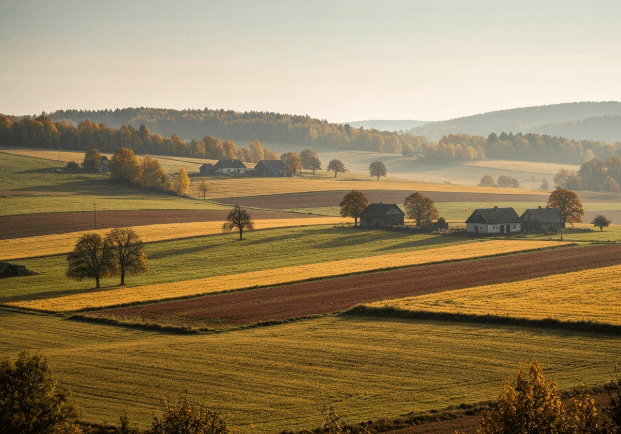 A professional view of a rural landscape in the Vysočina region during autumn, clean and aesthetic, soft natural morning light, 85mm lens, high resolution, no text, no letters