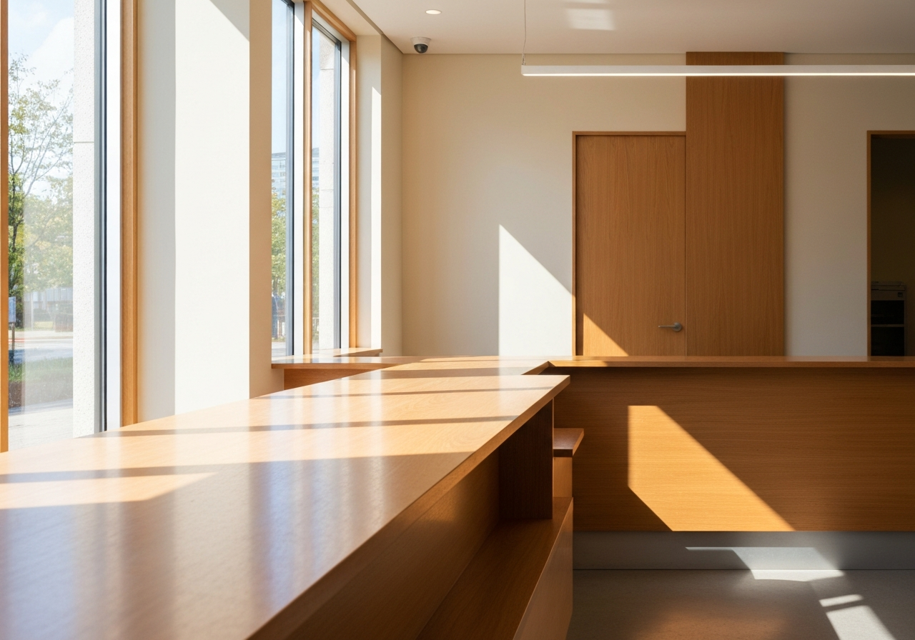 A professional, minimalist post office counter interior in a bright, modern setting, focusing on clean wood textures and natural light, 85mm lens, high quality, professional editorial style, no text, no words, no letters
