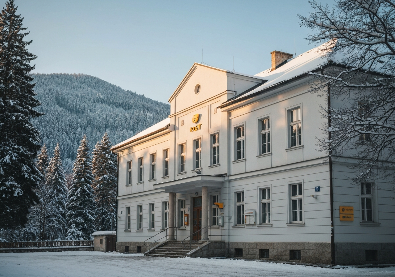 Exterior view of a classic Czech post office building in the mountains during winter, clean mountain architecture, editorial photography, soft natural daylight, 85mm lens, high resolution, no text, no letters