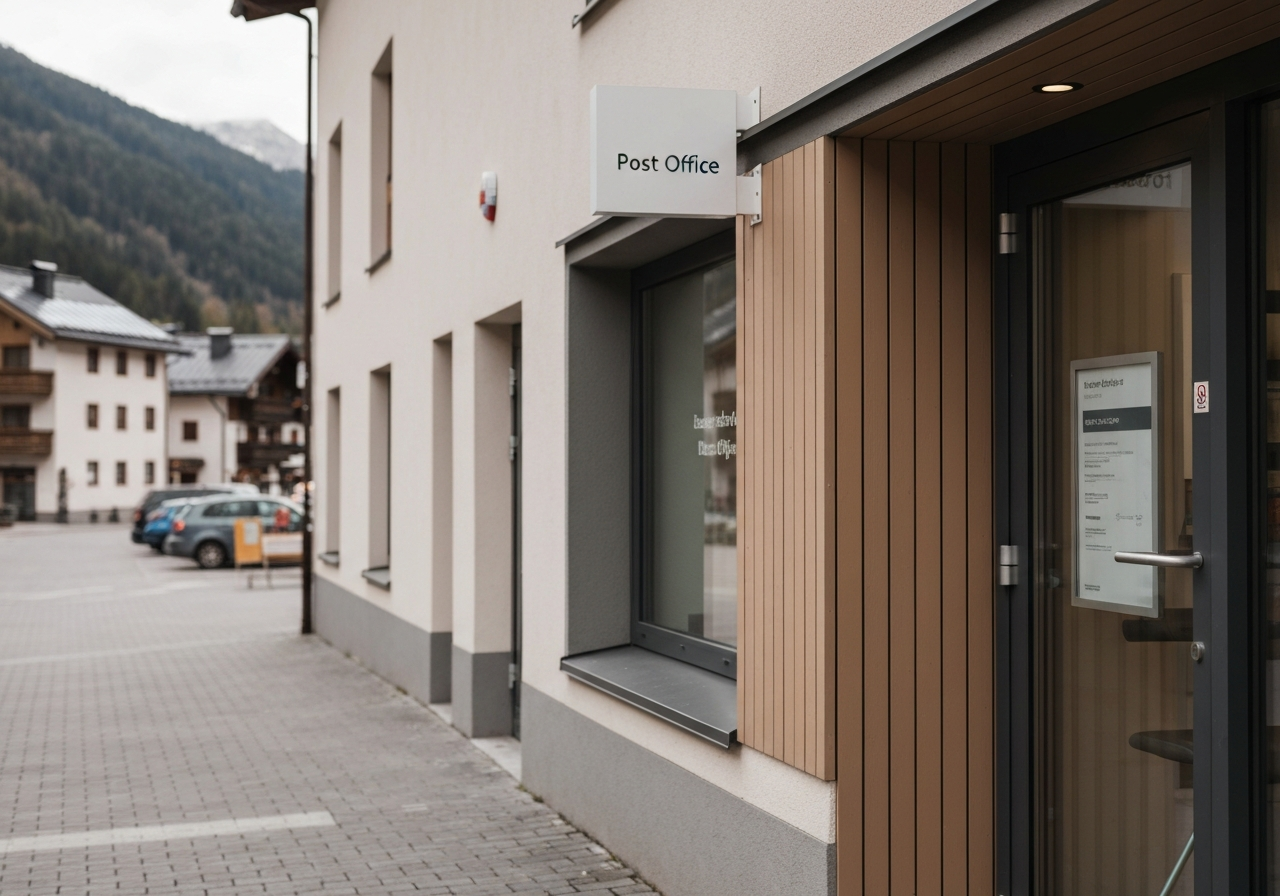 A high-quality editorial shot of a modern, clean post office storefront entrance in a mountain town, soft natural daylight, shallow depth of field, 85mm lens, professional signage, no text, no words, no letters.