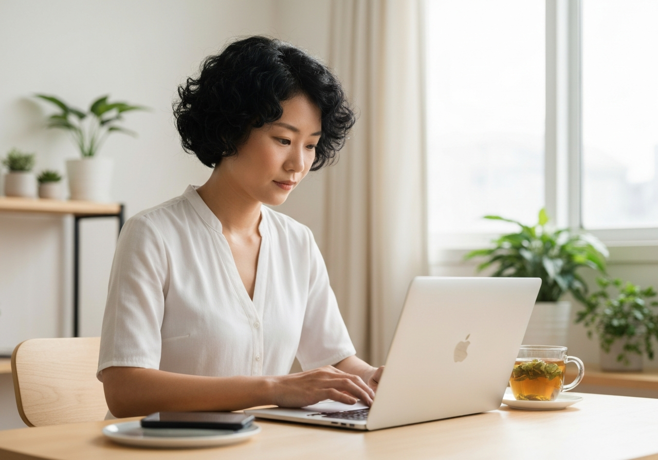 A focused professional working on a sleek laptop in a bright, minimalist home office, a cup of herbal tea nearby, editorial photography, soft natural morning light, depth of field, 85mm lens, no text, no letters