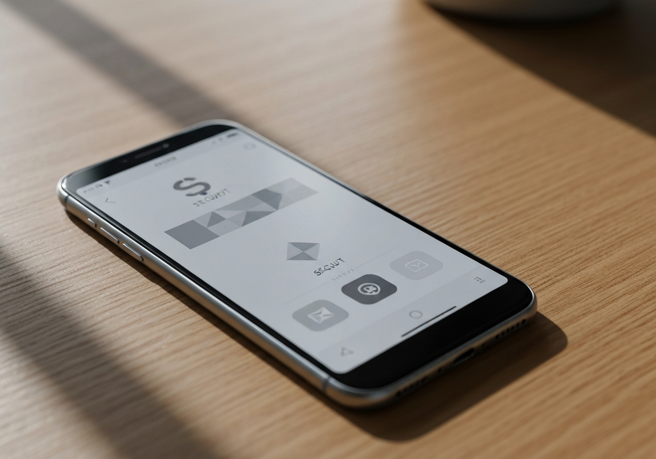 A close-up of a premium smartphone displaying a secure, minimalist payment interface on a modern wooden desk, soft natural light, shallow depth of field, 85mm lens, high-end editorial aesthetic, no text, no words, no letters
