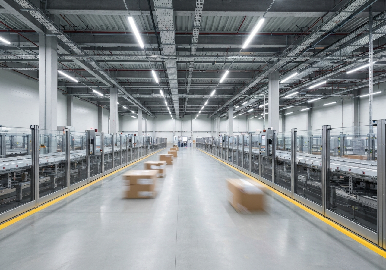 A professional modern logistics hub interior, sleek technology aesthetic, glass and metal surfaces, blurred motion of parcels, editorial photography, soft natural light, 85mm lens, high quality, no text, no letters