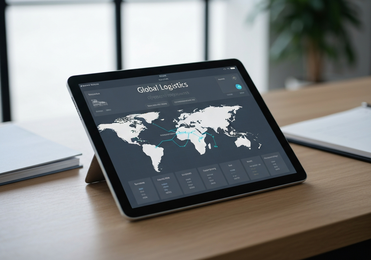 A high-tech digital logistics interface on a sleek tablet showing global shipping routes, modern minimalist office background, professional clean aesthetic, soft natural lighting, shot with 85mm lens, no text, no words, no letters.