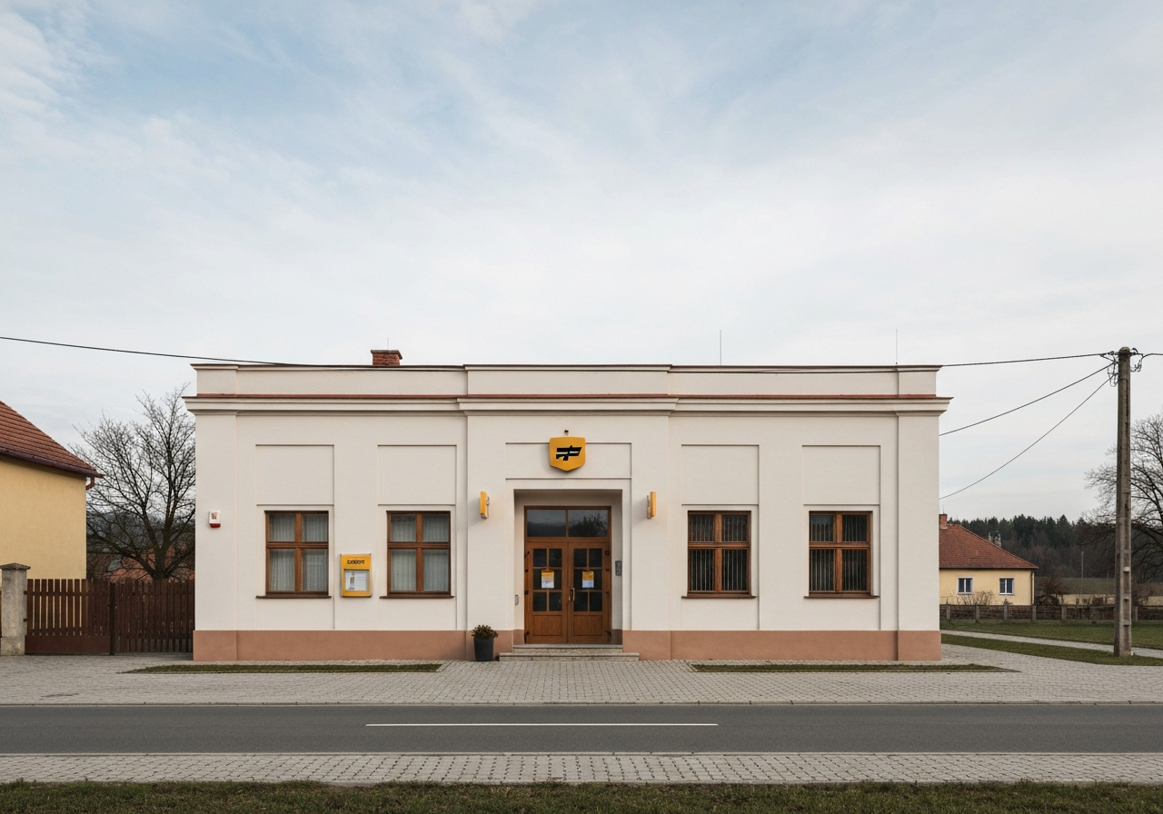A professional, modern facade of a classic Czech post office building in a rural town, editorial photography, clean architectural lines, soft natural daylight, 85mm lens, high detail, no text, no letters.