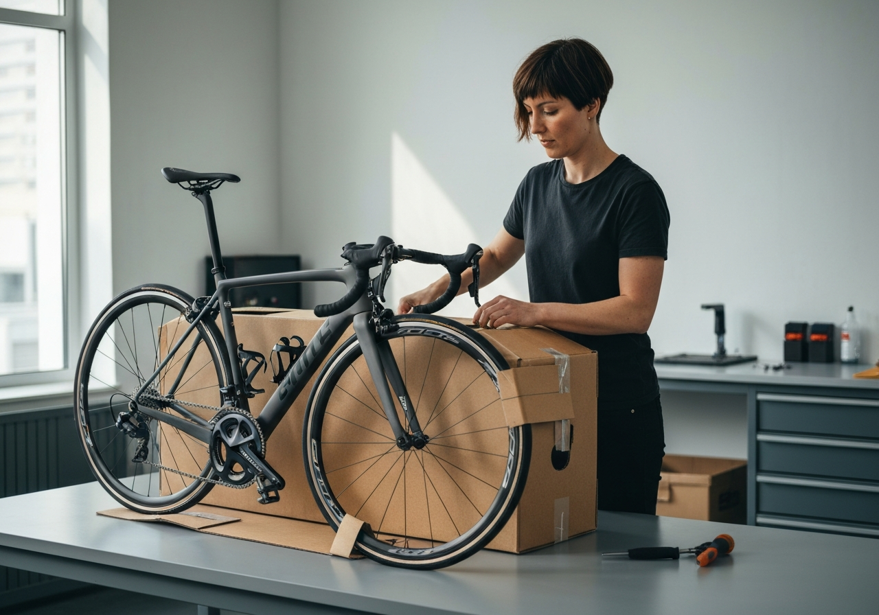 A professional bicycle mechanic carefully packing a high-end road bike into a reinforced cardboard transport box, modern minimalist workshop environment, editorial photography, soft natural light, 85mm lens, highly detailed, no text, no letters