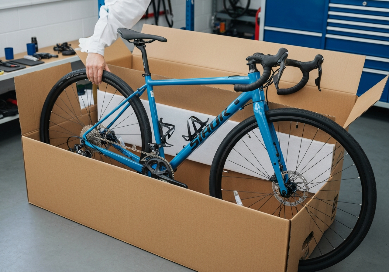 A high-quality professional bicycle being carefully packed in a heavy-duty cardboard box with organized padding, professional workshop environment, clean aesthetic, soft natural lighting, 85mm lens, high detail, no text, no letters