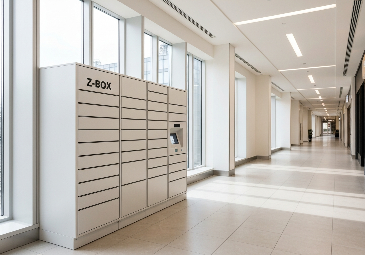 A modern Z-BOX automated parcel locker station located inside a clean, well-lit premium shopping mall corridor, minimalist design, high-end interior, soft natural light, professional editorial photography, 85mm lens, no text, no letters
