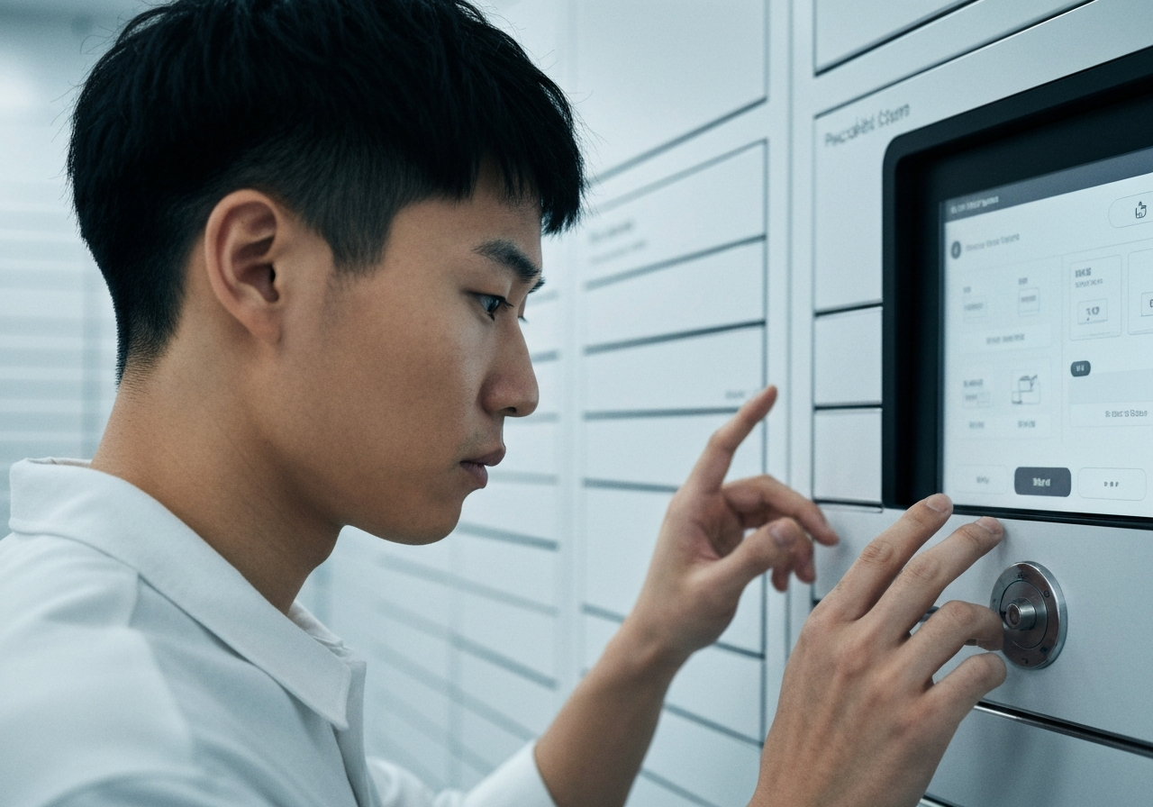 A close-up of a person interacting with a modern, sleek parcel locker interface, cinematic lighting, shallow depth of field, premium editorial style, clean environment, 85mm lens, high resolution, no text, no words, no letters.