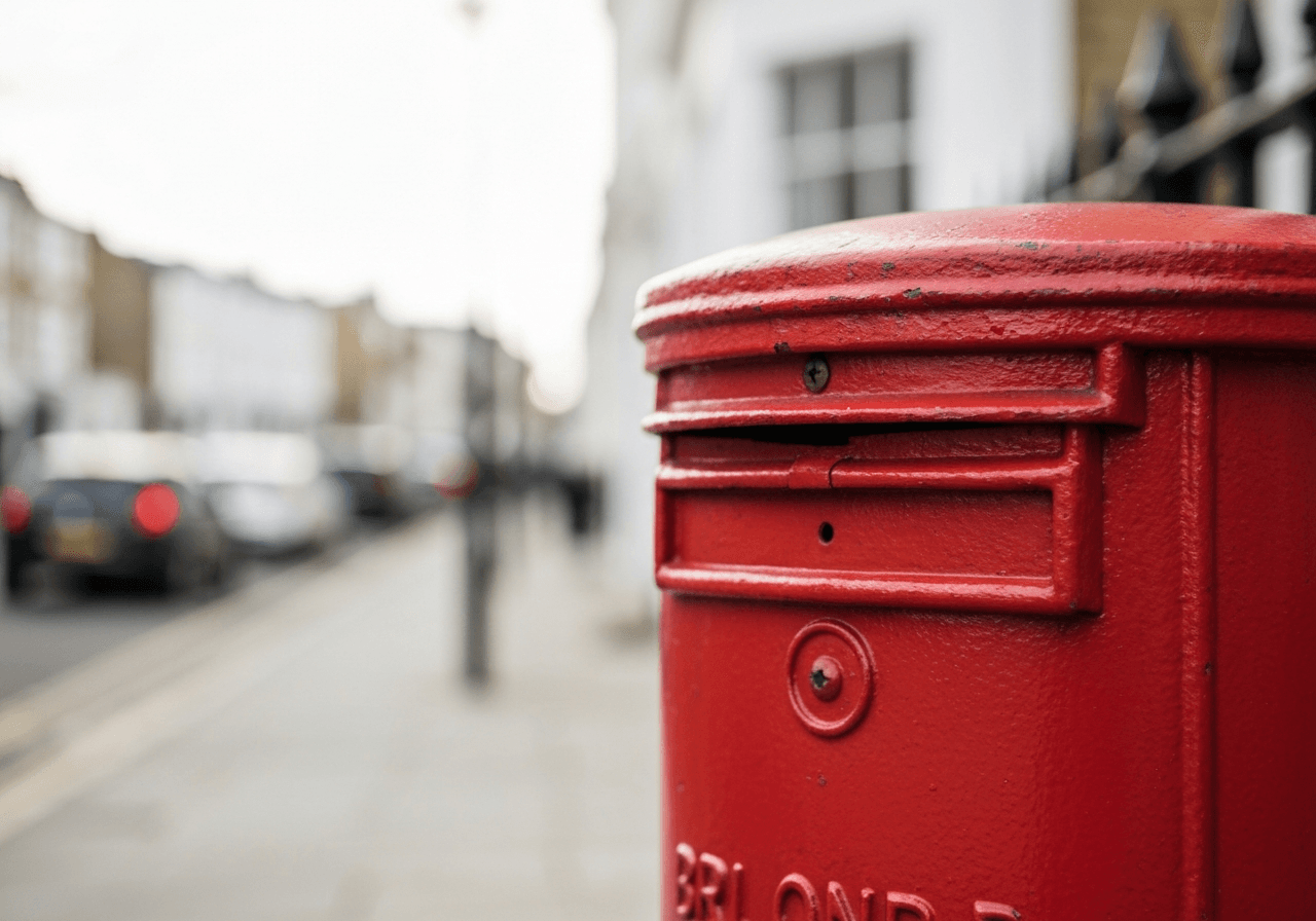 A macro close-up of a vintage British red mailbox against a clean, blurred urban London street background, editorial photography, soft natural light, 85mm lens, minimalist aesthetic, no text, no words, no letters.
