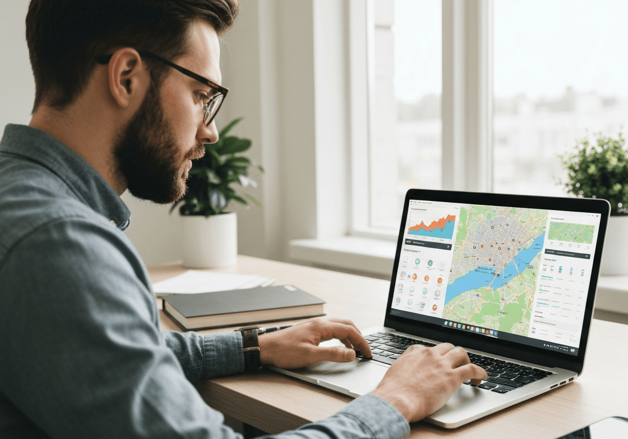 A professional data analyst working on a modern laptop showing interactive digital maps of London, clean office desk environment, soft natural light, premium editorial aesthetic, 85mm lens, high resolution, no text, no letters