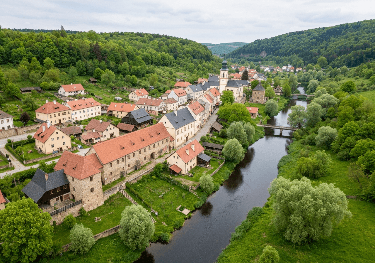 Aerial wide shot of Osek nad Bečvou village landscape, lush greenery of the Moravian region, high-quality architectural photography, soft natural daylight, 85mm lens, sharp focus, no text, no letters
