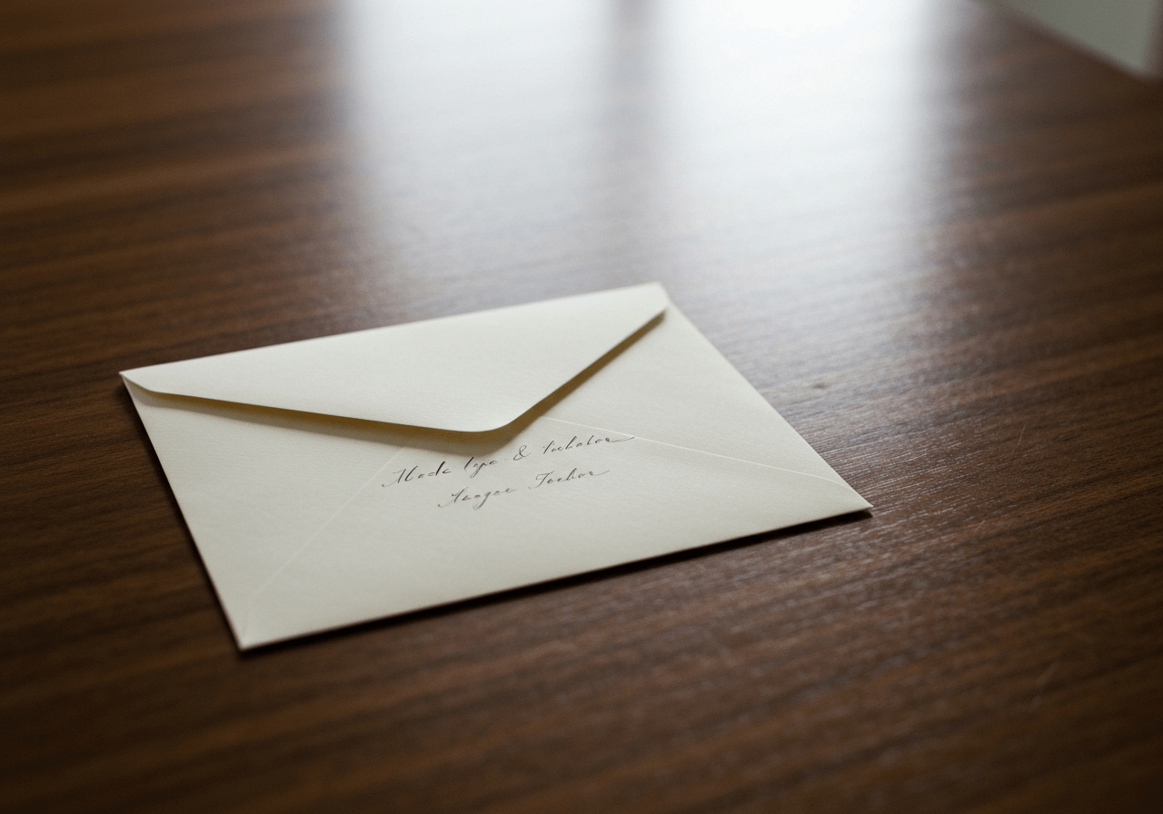 Editorial photography, close up of a neat envelope with clear handwritten address on a wooden table, soft natural light, minimalist aesthetic, 85mm lens, high resolution, no text, no letters