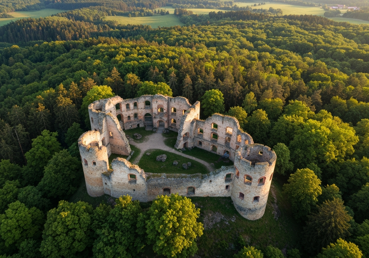 Aerial view of the historic Radyně Castle ruins surrounded by lush green forests in the Czech Republic, cinematic landscape photography, soft golden hour lighting, 85mm lens, high resolution, professional editorial style, no text, no letters.