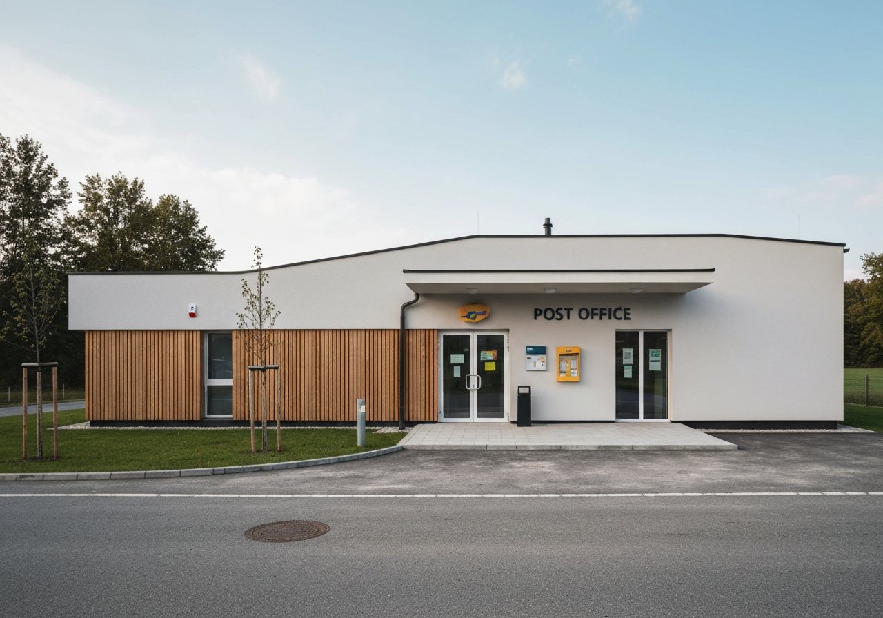 A professional exterior shot of a modern village post office building in Frymburk, clean architecture, daylight, editorial photography, 85mm lens, soft natural lighting, high resolution, no text, no letters