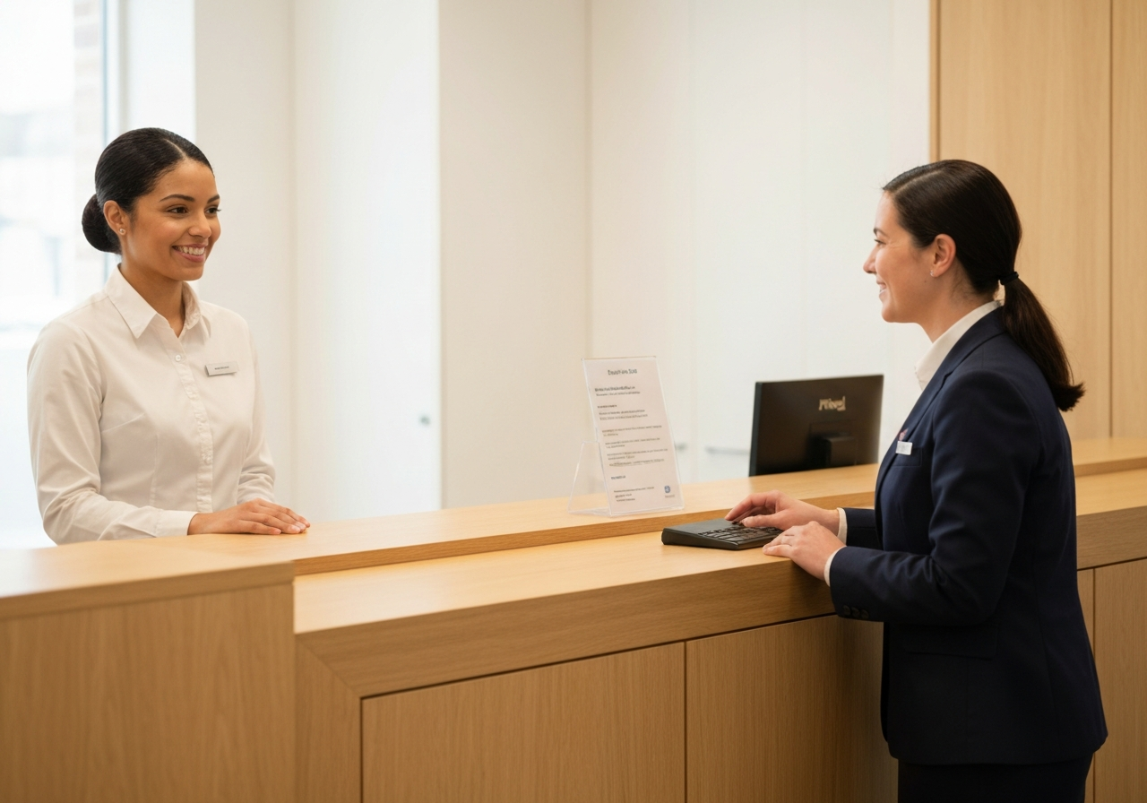 Interior of a professional, modern postal service branch, friendly staff interacting with a customer at a clean wooden counter, bright minimalist interior, soft natural light, editorial photography style, 85mm lens, high quality, no text, no words, no letters