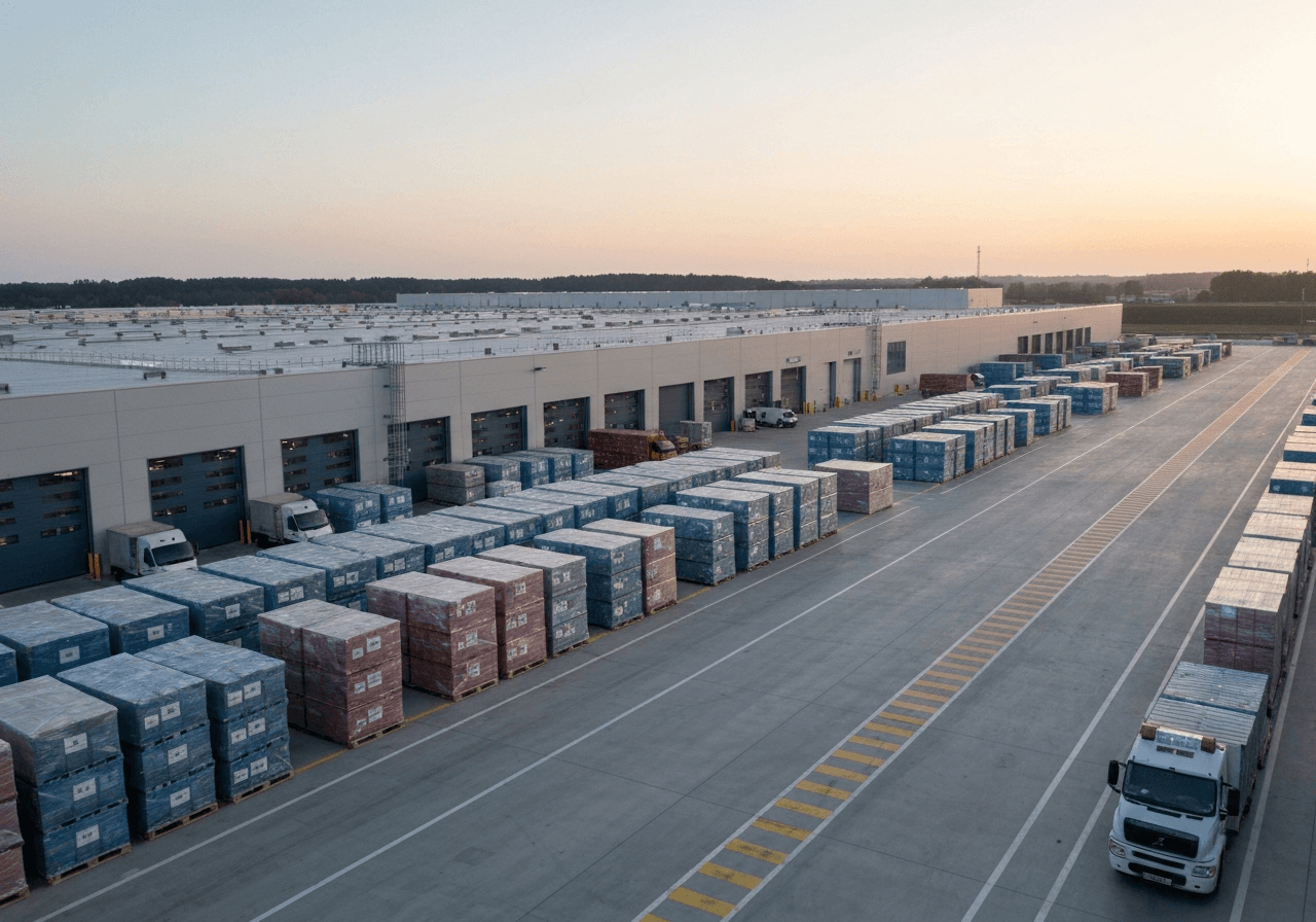 Aerial view of a modern logistics hub with organized cargo pallets, clean industrial aesthetic, soft morning light, professional editorial photography, 85mm lens, high resolution, no text, no words, no letters.