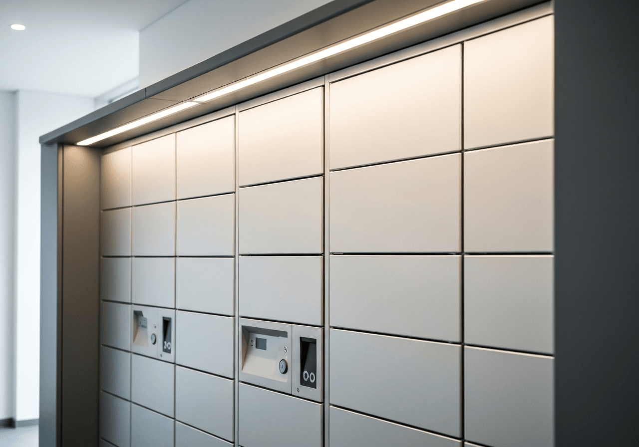 A modern, minimalist delivery locker system in a clean, brightly lit urban space, premium logistics aesthetic, soft natural light, shallow depth of field, 85mm lens, highly detailed, no text, no words, no letters