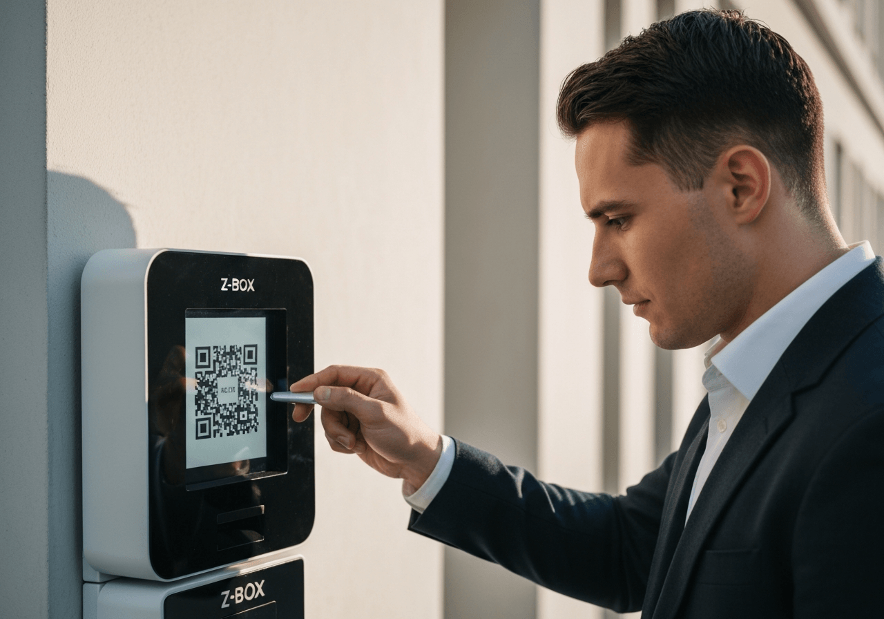 A close-up of a person scanning a QR code on a modern Z-BOX terminal in a clean, urban environment in Brno, morning soft natural light, editorial photography, 85mm lens, high focus, no text, no letters.
