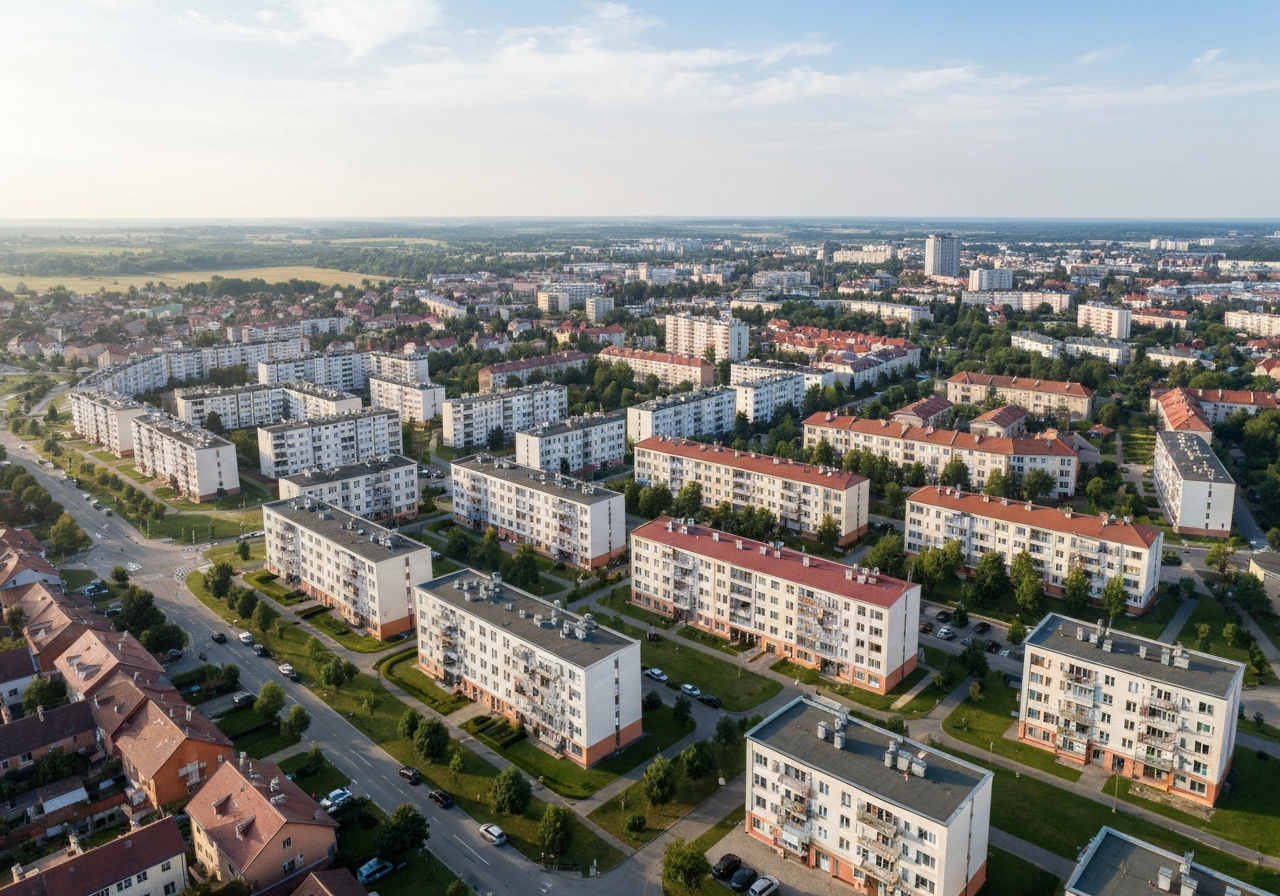 Aerial view of an urban residential district in Trenčín, Slovakia, morning sunlight casting soft shadows on modern infrastructure, editorial photography, 85mm lens, sharp focus, no text, no words, no letters